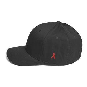 Hiv/aids Or Blood Cancer Awareness Fitted Flexfit Hat With Red Ribbon On The Side - S/m / Dark Grey - Hats