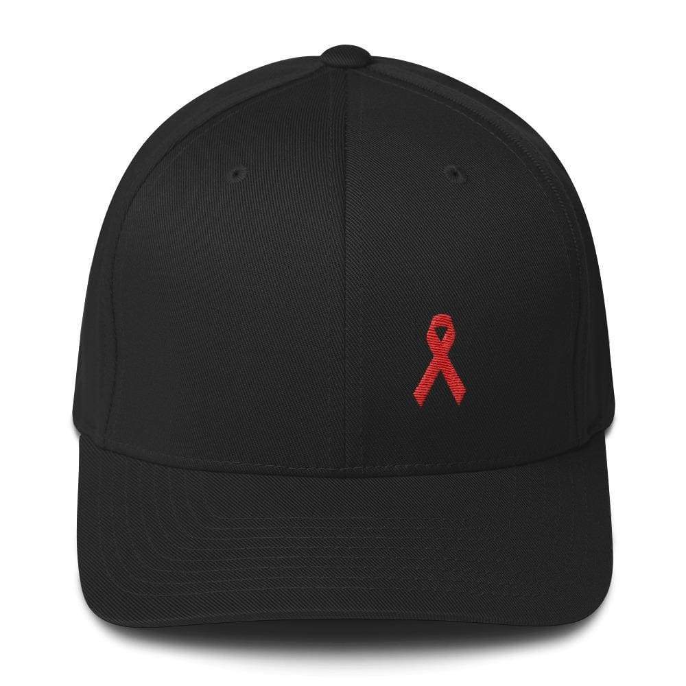 Hiv/aids Or Blood Cancer Awareness Fitted Flexfit Hat With Red Ribbon - S/m / Black - Hats