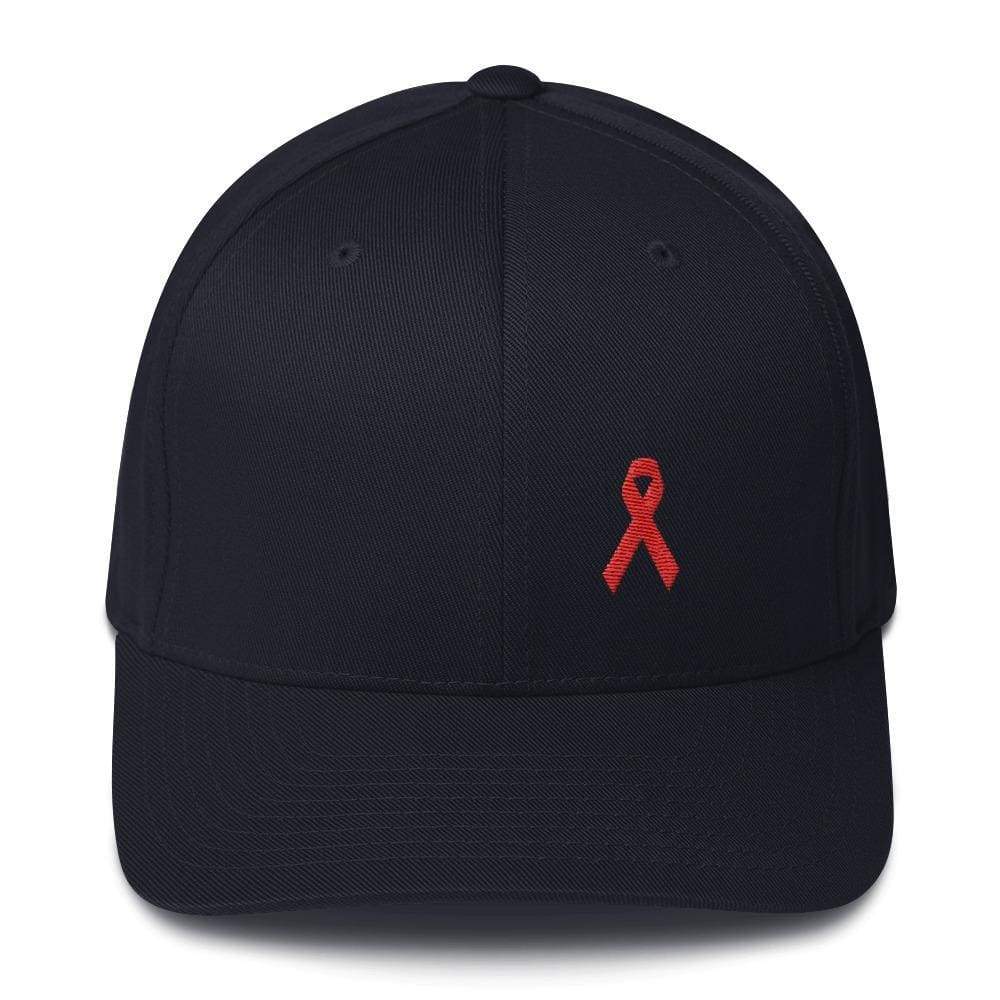 Hiv/aids Or Blood Cancer Awareness Fitted Flexfit Hat With Red Ribbon - S/m / Dark Navy - Hats