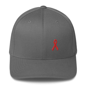 Hiv/aids Or Blood Cancer Awareness Fitted Flexfit Hat With Red Ribbon - S/m / Grey - Hats