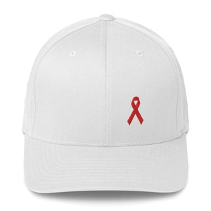Hiv/aids Or Blood Cancer Awareness Fitted Flexfit Hat With Red Ribbon - S/m / White - Hats