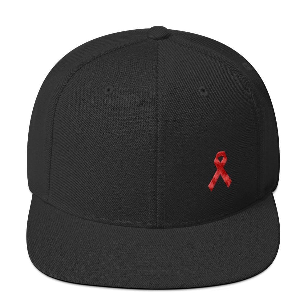 HIV/AIDS or Blood Cancer Awareness Red Ribbon Flat Brim Snapback Hat - One-size / Black - Hats