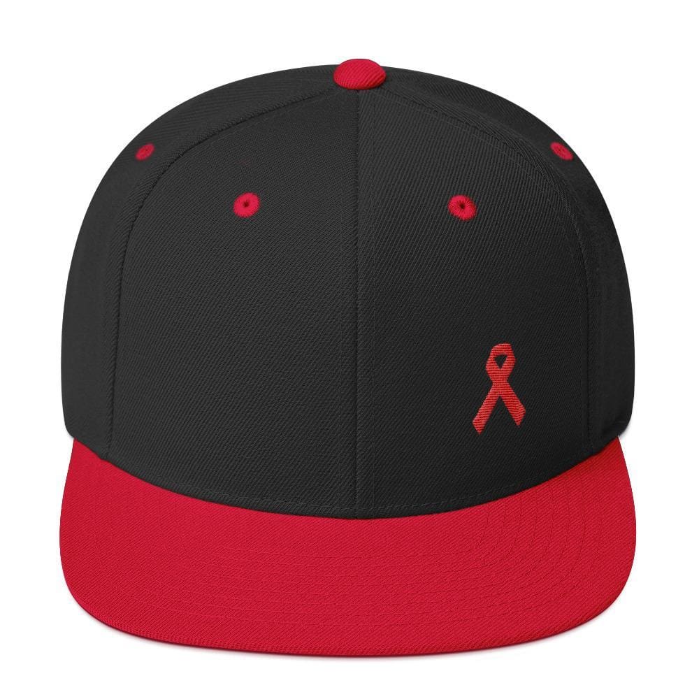 HIV/AIDS or Blood Cancer Awareness Red Ribbon Flat Brim Snapback Hat - One-size / Black/ Red - Hats