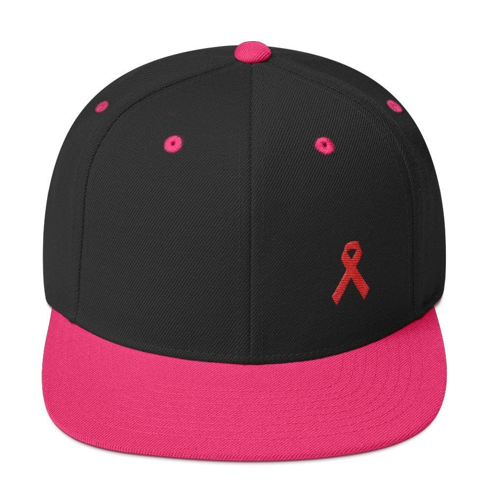 HIV/AIDS or Blood Cancer Awareness Red Ribbon Flat Brim Snapback Hat - One-size / Black/ Neon Pink - Hats