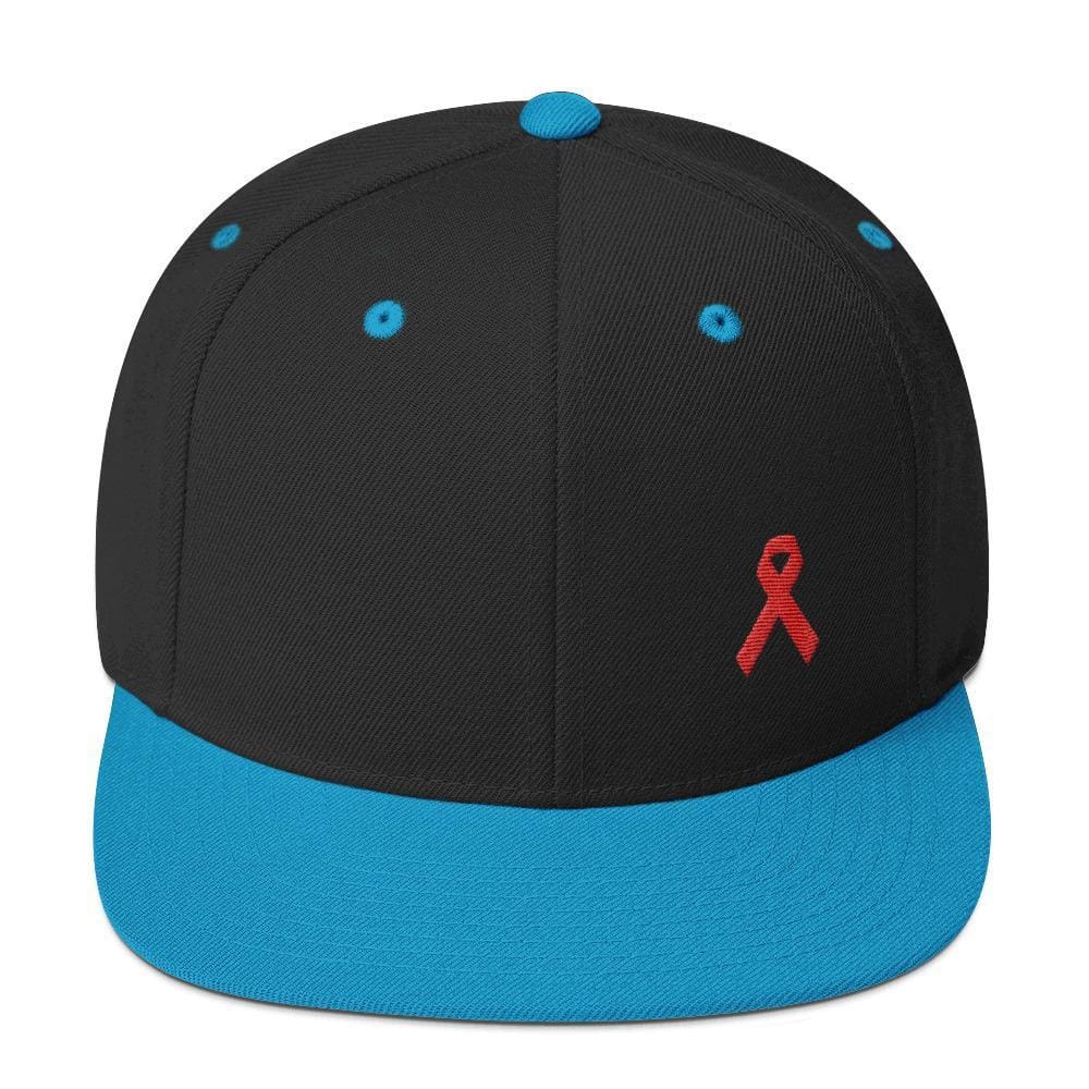 HIV/AIDS or Blood Cancer Awareness Red Ribbon Flat Brim Snapback Hat - One-size / Black/ Teal - Hats