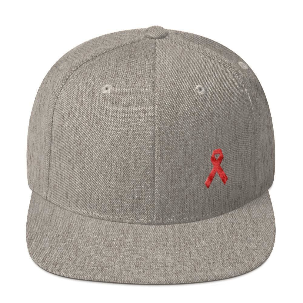 HIV/AIDS or Blood Cancer Awareness Red Ribbon Flat Brim Snapback Hat - One-size / Heather Grey - Hats
