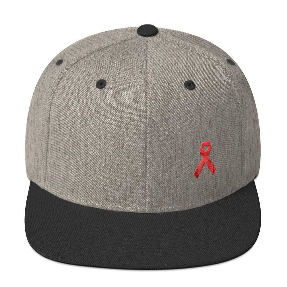 HIV/AIDS or Blood Cancer Awareness Red Ribbon Flat Brim Snapback Hat - One-size / Heather/Black - Hats