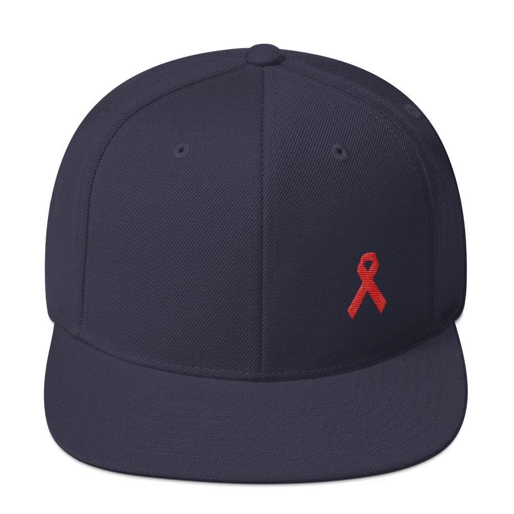 HIV/AIDS or Blood Cancer Awareness Red Ribbon Flat Brim Snapback Hat - One-size / Navy - Hats