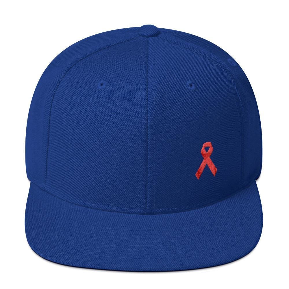 HIV/AIDS or Blood Cancer Awareness Red Ribbon Flat Brim Snapback Hat - One-size / Royal Blue - Hats