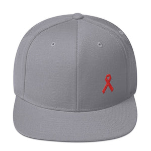 HIV/AIDS or Blood Cancer Awareness Red Ribbon Flat Brim Snapback Hat - One-size / Silver - Hats