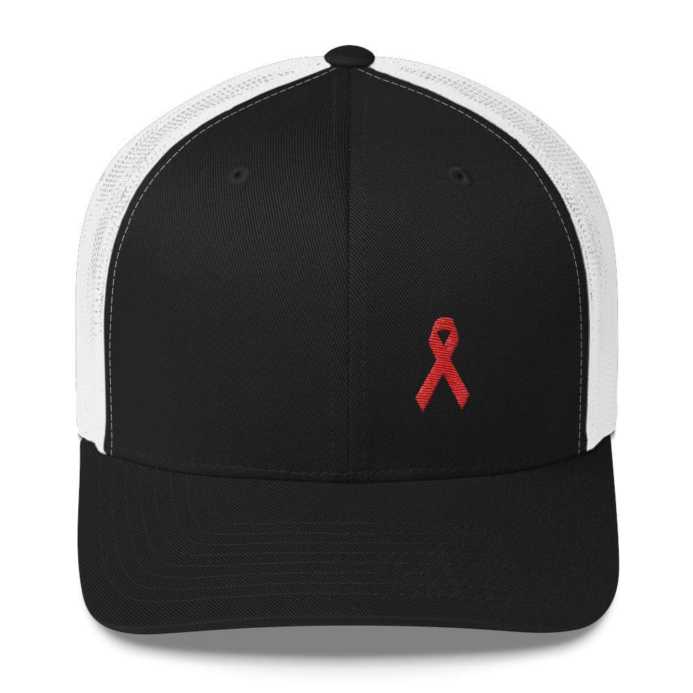 HIV/AIDS or Blood Cancer Awareness Red Ribbon Snapback Trucker Hat - One-size / Black/ White - Hats