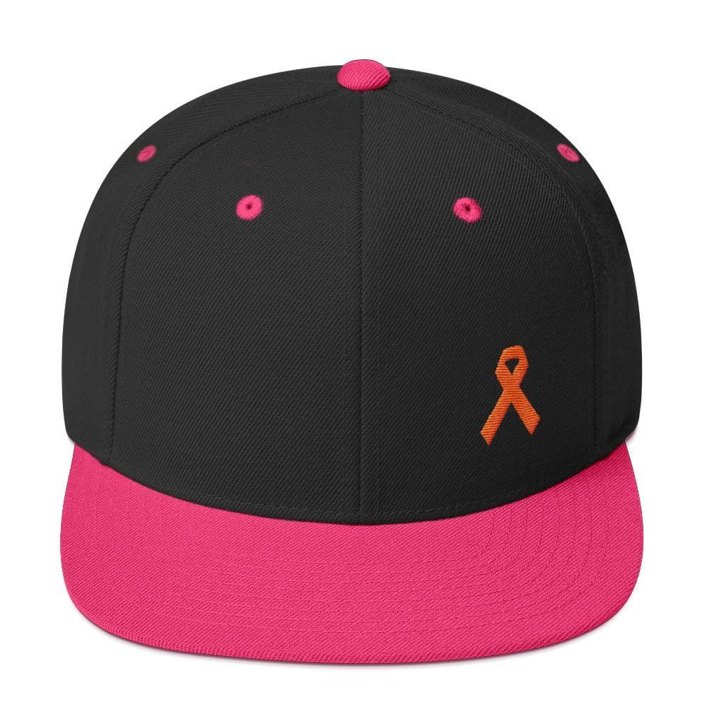 Leukemia Awareness Flat Brim Snapback Hat with Orange Ribbon - One-size / Black/ Neon Pink - Hats