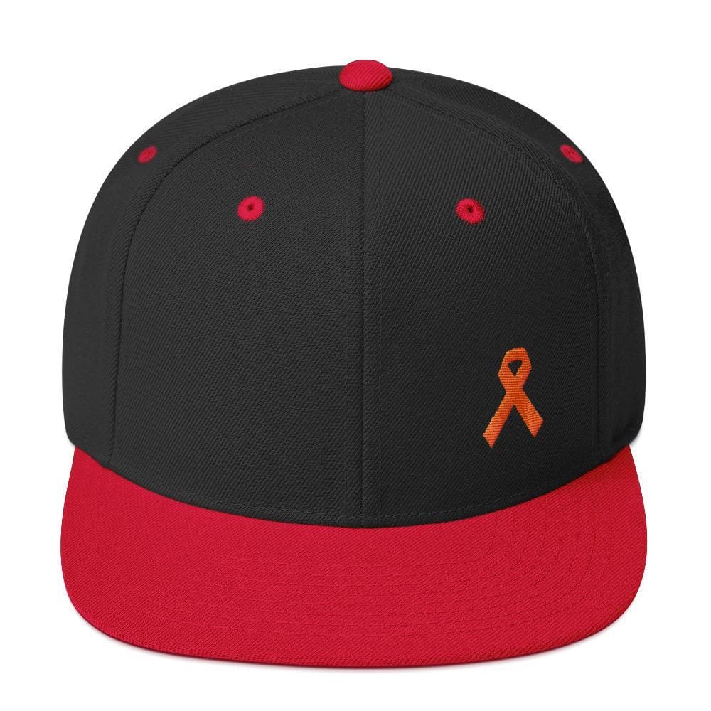 Leukemia Awareness Flat Brim Snapback Hat with Orange Ribbon - One-size / Black/ Red - Hats