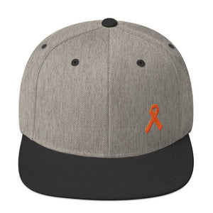 Leukemia Awareness Flat Brim Snapback Hat with Orange Ribbon - One-size / Heather/Black - Hats