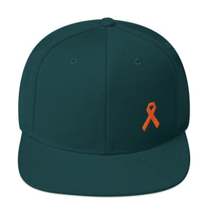 Leukemia Awareness Flat Brim Snapback Hat with Orange Ribbon - One-size / Spruce - Hats