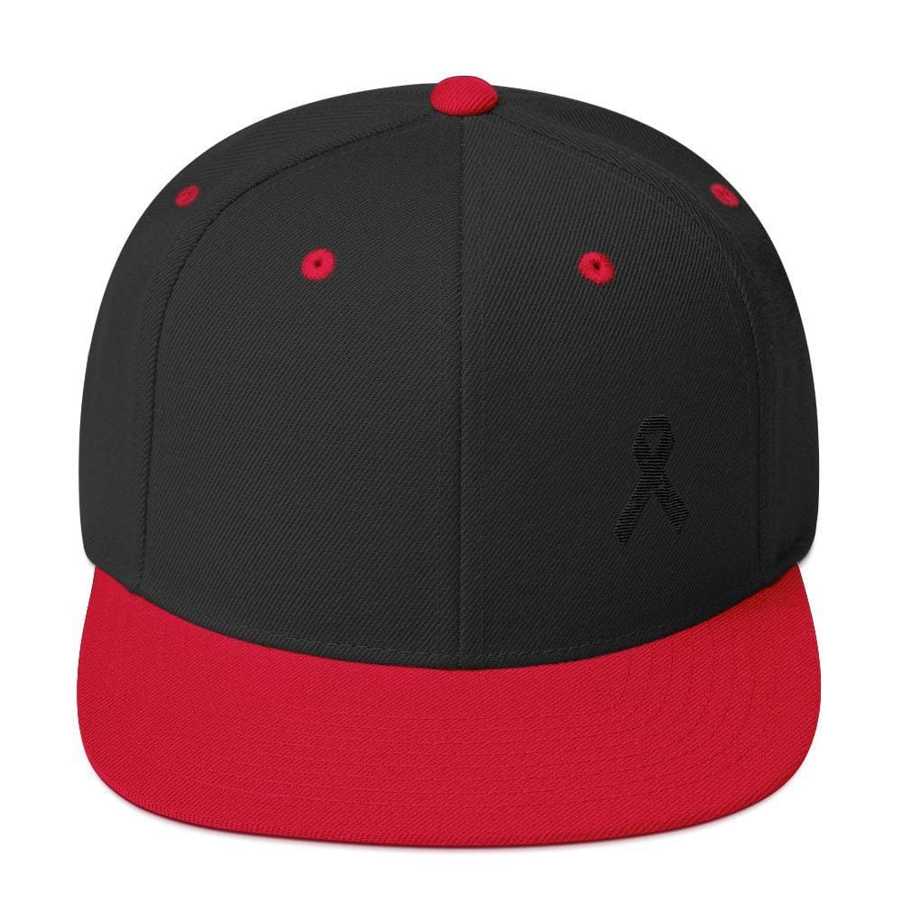 Melanoma and Skin Cancer Awareness Flat Brim Snapback Hat with Black Ribbon - One-size / Black/ Red - Hats