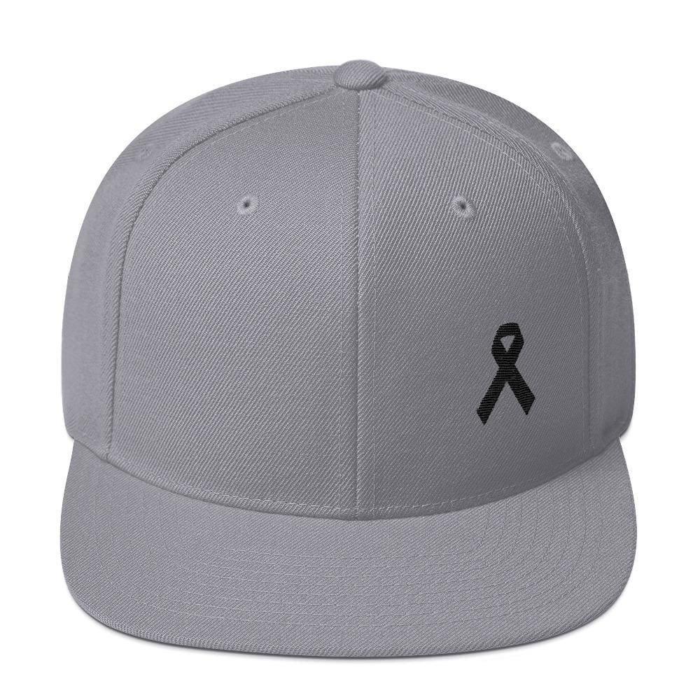 Melanoma and Skin Cancer Awareness Flat Brim Snapback Hat with Black Ribbon - One-size / Silver - Hats
