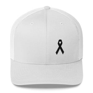 Melanoma & Skin Cancer Awareness Snapback Trucker Hat with Black Ribbon - One-size / White - Hats