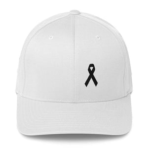 Melanoma & Skin Cancer Awareness Twill Flexfit Fitted Hat With Black Ribbon - S/m / White - Hats