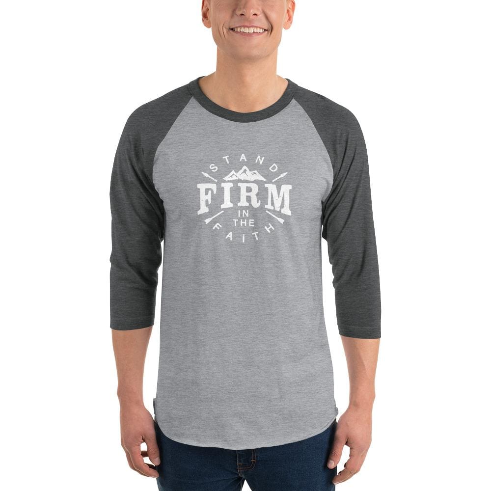 Mens Stand Firm in the Faith 3/4 Sleeve Raglan T-Shirt - XS / Heather Grey/Heather Charcoal - T-Shirts