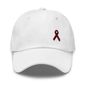 Multiple Myeloma Awareness Dad Hat with Burgundy Ribbon - White