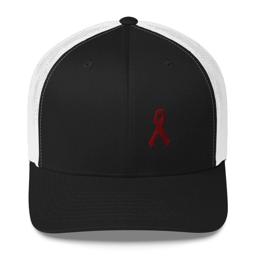 Multiple Myeloma Awareness Hat - Burgundy Ribbon - One-size / Black/ White - Hats