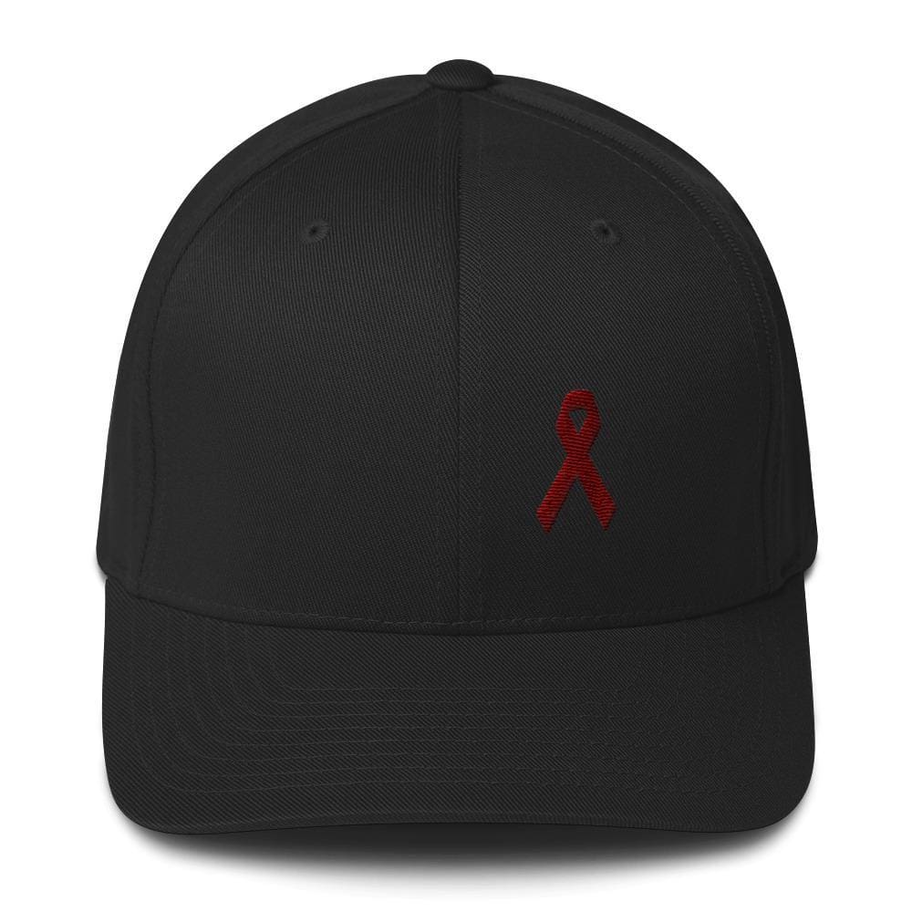 Multiple Myeloma Awareness Twill Flexfit Fitted Hat with Burgundy Ribbon - S/M / Black - Hats