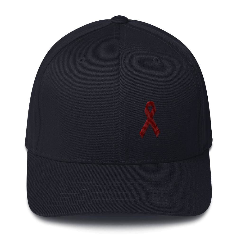 Multiple Myeloma Awareness Twill Flexfit Fitted Hat with Burgundy Ribbon - S/M / Dark Navy - Hats