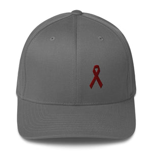 Multiple Myeloma Awareness Twill Flexfit Fitted Hat with Burgundy Ribbon - S/M / Grey - Hats