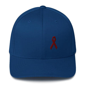 Multiple Myeloma Awareness Twill Flexfit Fitted Hat with Burgundy Ribbon - S/M / Royal Blue - Hats
