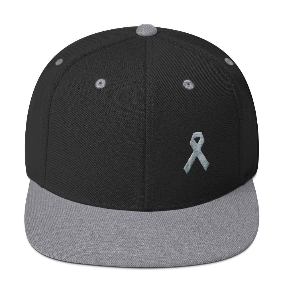 Parkinsons Awareness & Brain Tumor Awareness Flat Brim Snapback Hat with Grey Ribbon - One-size / Black/ Silver - Hats