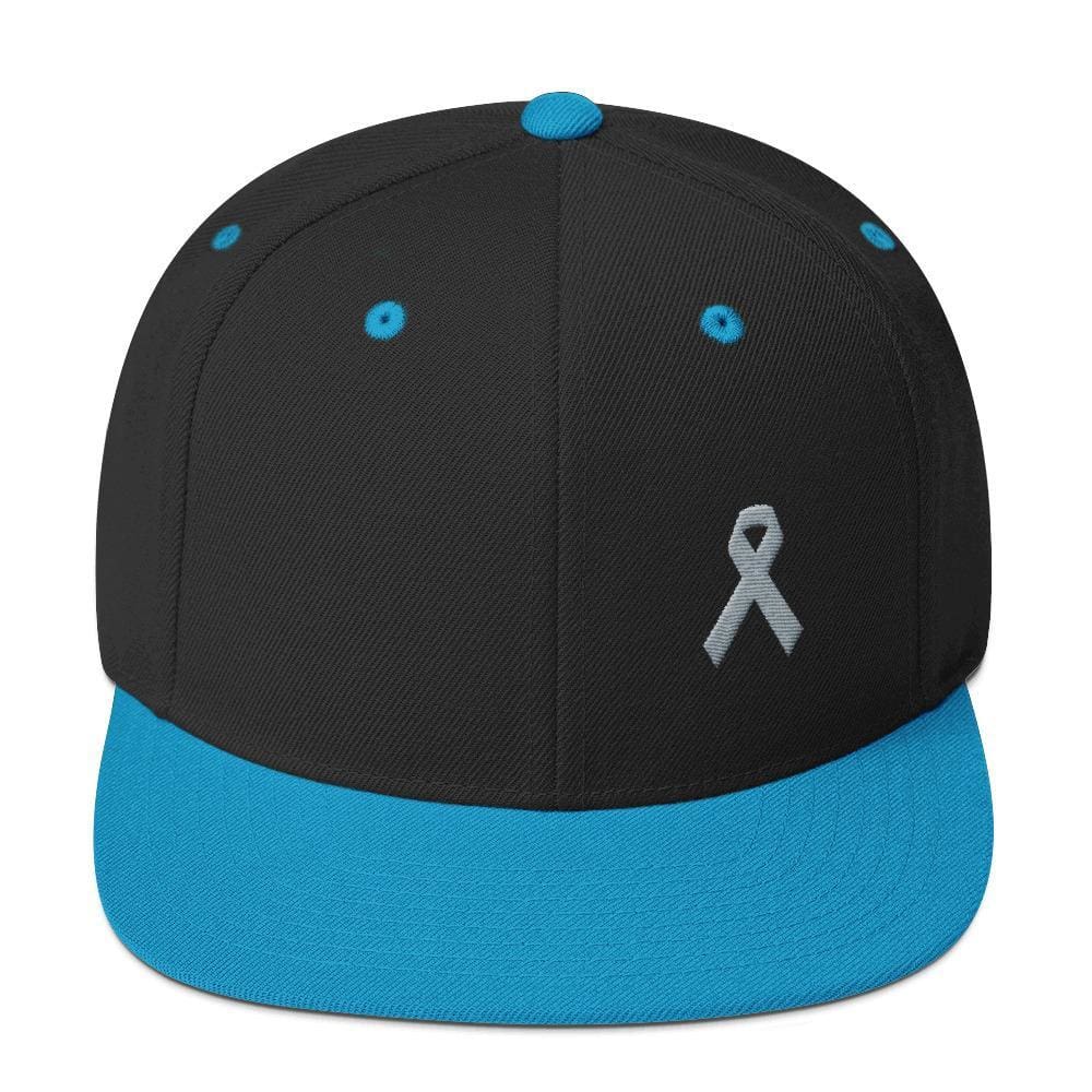 Parkinsons Awareness & Brain Tumor Awareness Flat Brim Snapback Hat with Grey Ribbon - One-size / Black/ Teal - Hats