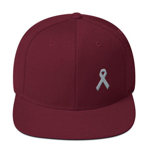 Parkinsons Awareness & Brain Tumor Awareness Flat Brim Snapback Hat with Grey Ribbon - One-size / Maroon - Hats