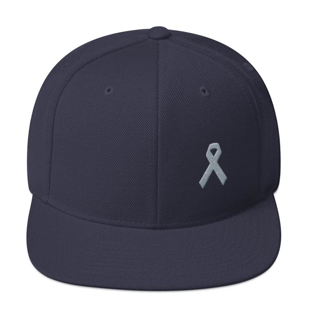Parkinsons Awareness & Brain Tumor Awareness Flat Brim Snapback Hat with Grey Ribbon - One-size / Navy - Hats
