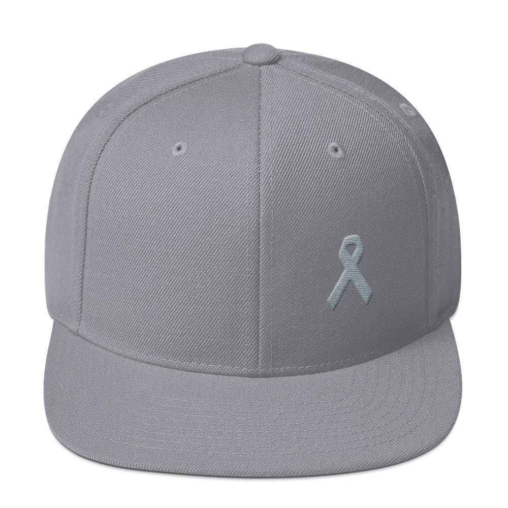 Parkinsons Awareness & Brain Tumor Awareness Flat Brim Snapback Hat with Grey Ribbon - One-size / Silver - Hats
