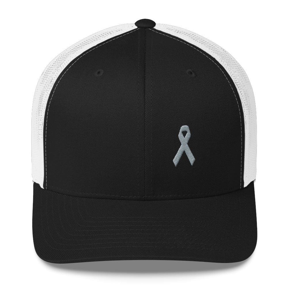 Parkinsons Awareness & Brain Tumor Awareness Snapback Trucker Hat with Grey Ribbon - One-size / Black/ White - Hats