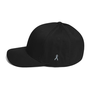 Parkinsons Awareness & Brain Tumor Awareness Twill Flexfit Fitted Hat with Grey Ribbon on the Side - Black / S/M - Hats