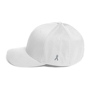 Parkinsons Awareness & Brain Tumor Awareness Twill Flexfit Fitted Hat with Grey Ribbon on the Side - White / S/M - Hats
