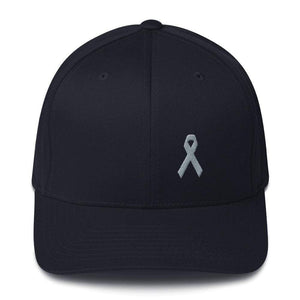 Parkinsons Awareness & Brain Tumor Awareness Twill Flexfit Fitted Hat With Grey Ribbon - S/m / Dark Navy - Hats
