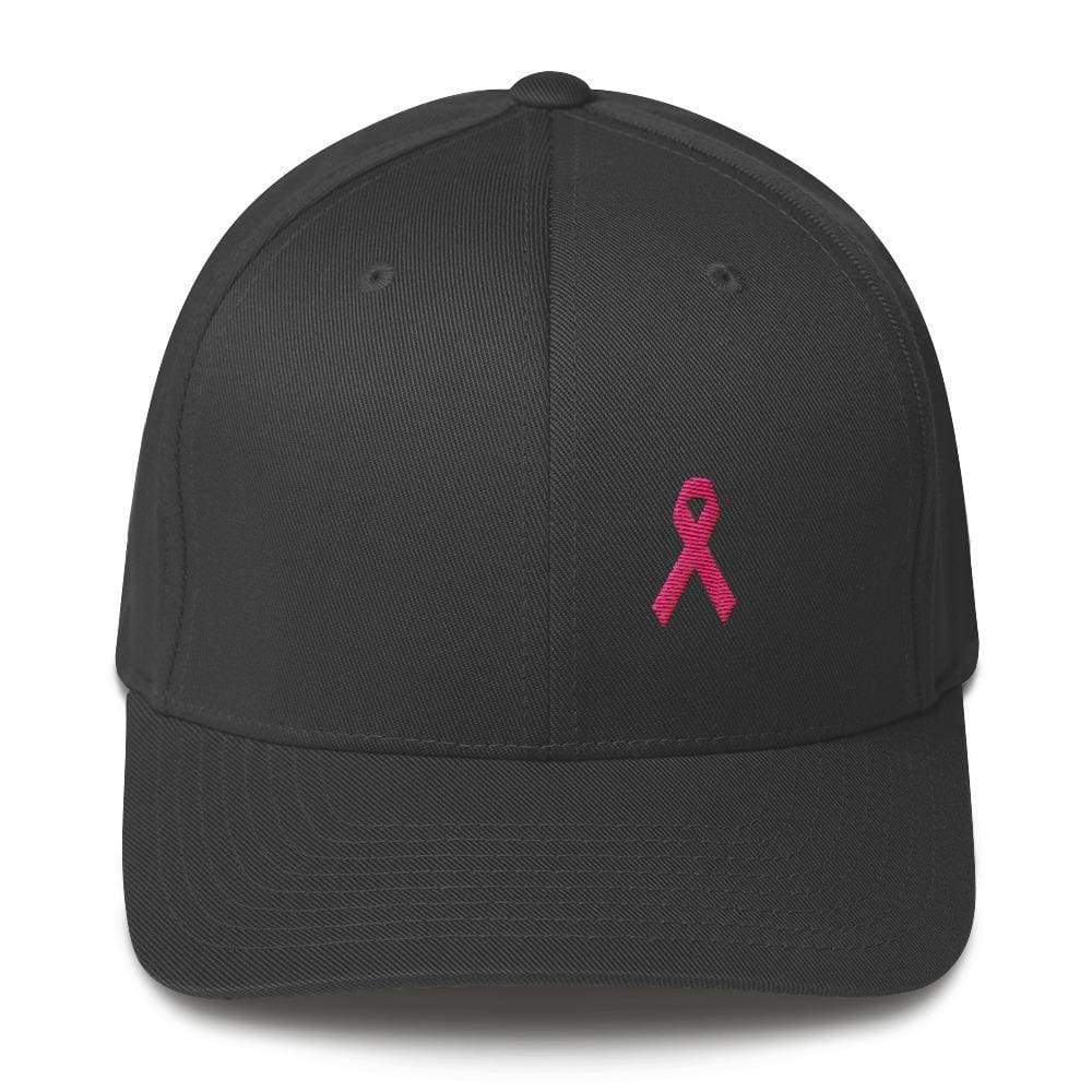 Pink Ribbon Fitted Flexfit Hat - Breast Cancer Awareness Hat - S/m / Dark Grey - Hats