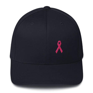 Pink Ribbon Fitted Flexfit Hat - Breast Cancer Awareness Hat - S/m / Dark Navy - Hats