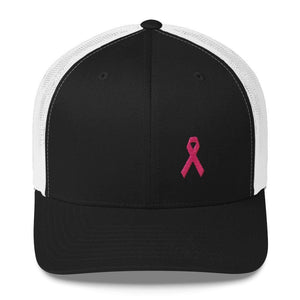Pink Ribbon Snapback Trucker Hat - Breast Cancer Awareness Trucker - One-size / Black/ White - Hats