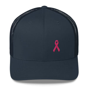 Pink Ribbon Snapback Trucker Hat - Breast Cancer Awareness Trucker - One-size / Navy - Hats