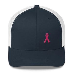 Pink Ribbon Snapback Trucker Hat - Breast Cancer Awareness Trucker - One-size / Navy/ White - Hats