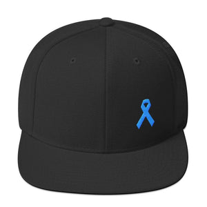 Prostate Cancer Awareness Flat Brim Snapback Hat with Light Blue Ribbon - One-size / Black - Hats