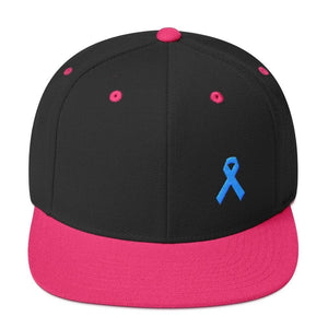 Prostate Cancer Awareness Flat Brim Snapback Hat with Light Blue Ribbon - One-size / Black/ Neon Pink - Hats