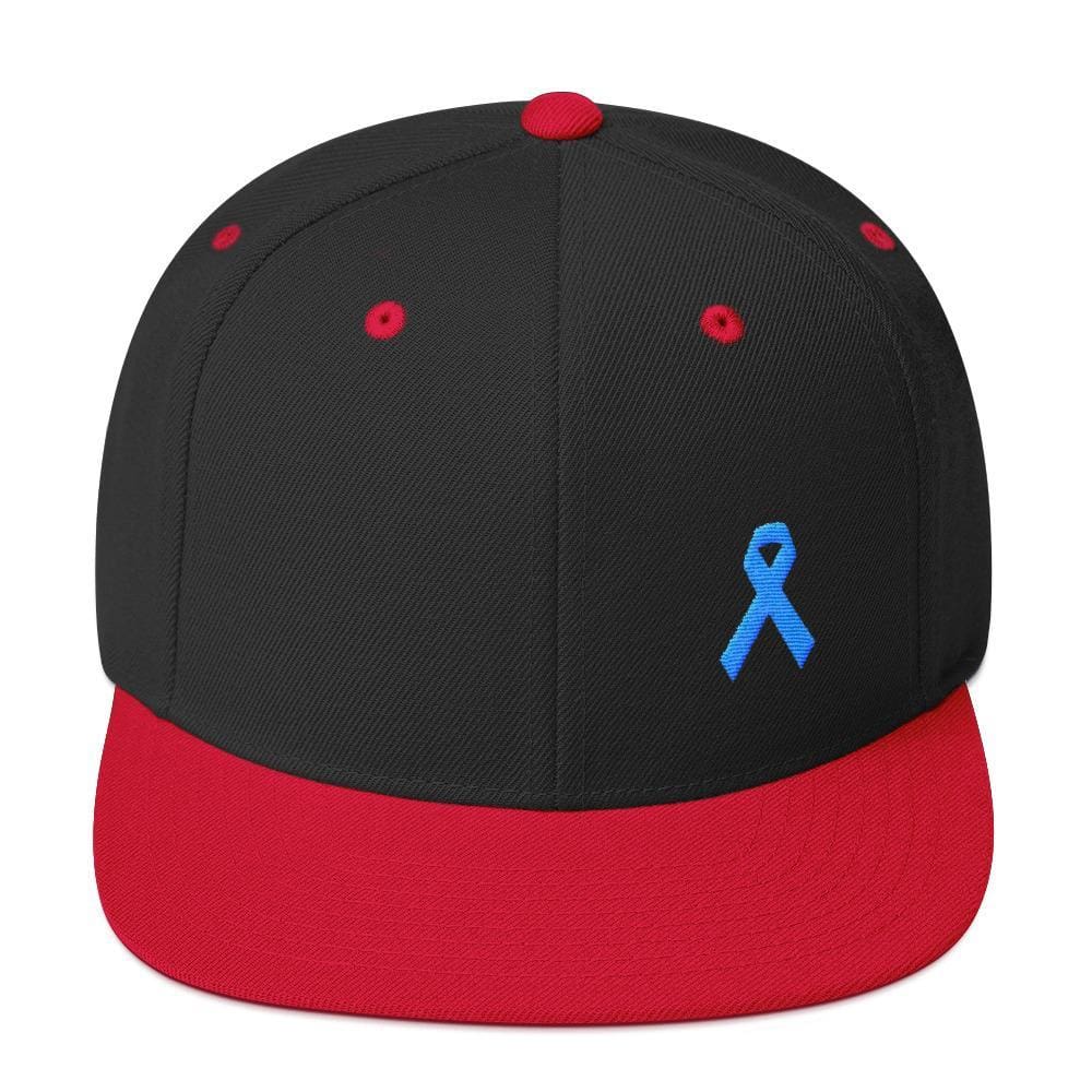 Prostate Cancer Awareness Flat Brim Snapback Hat with Light Blue Ribbon - One-size / Black/ Red - Hats