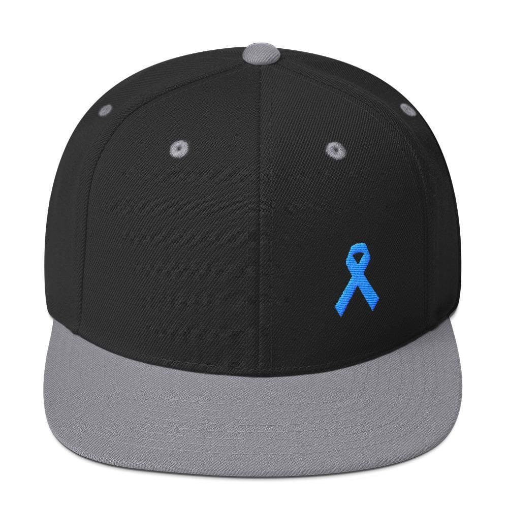 Prostate Cancer Awareness Flat Brim Snapback Hat with Light Blue Ribbon - One-size / Black/ Silver - Hats