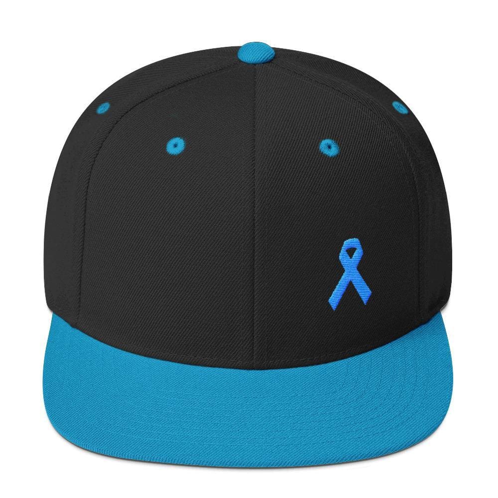 Prostate Cancer Awareness Flat Brim Snapback Hat with Light Blue Ribbon - One-size / Black/ Teal - Hats