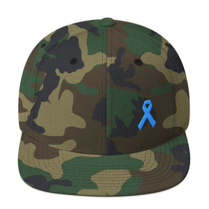 Prostate Cancer Awareness Flat Brim Snapback Hat with Light Blue Ribbon - One-size / Green Camo - Hats